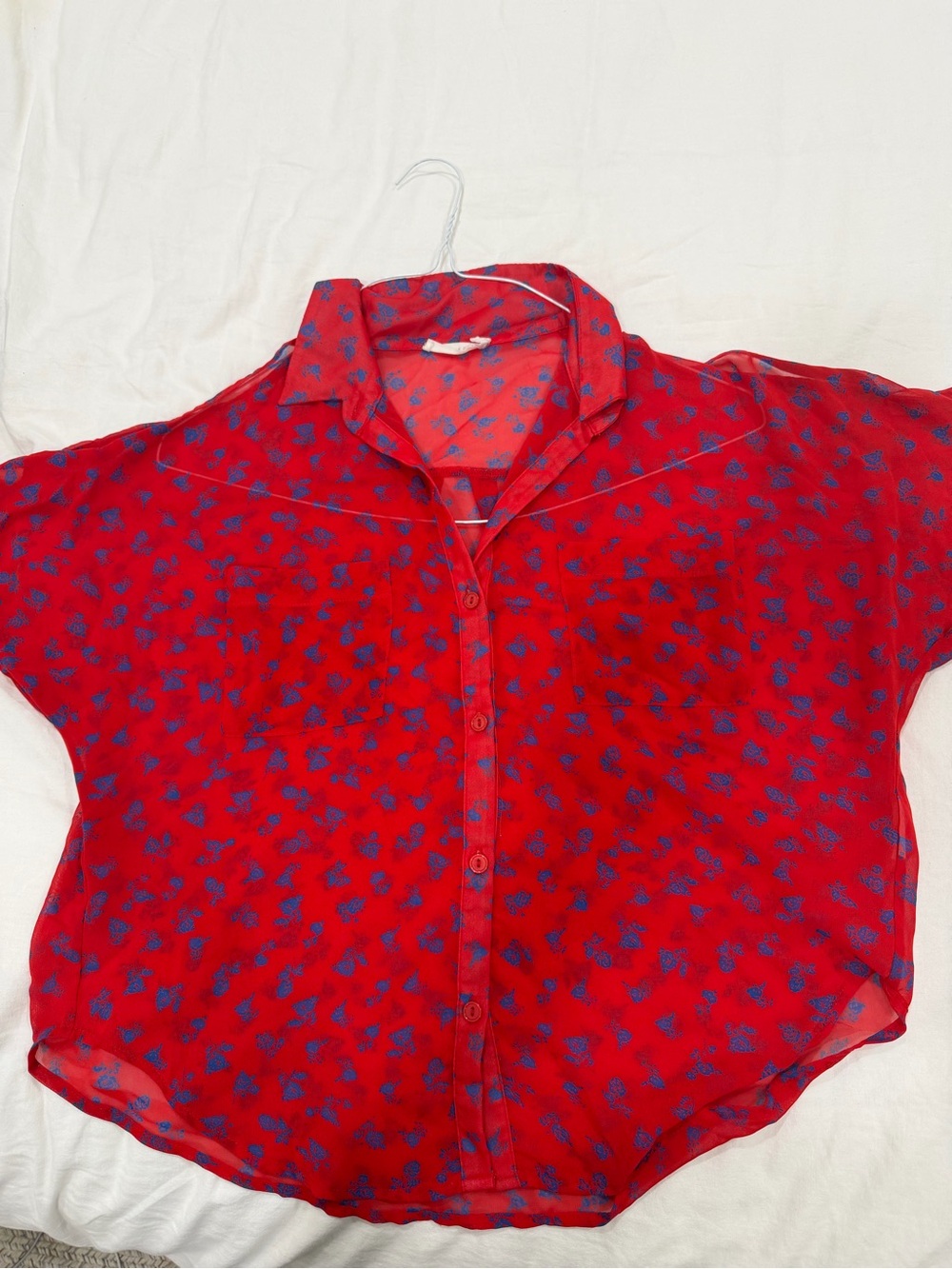 Lush Red Button-Front Floral Blouse with Blue Print